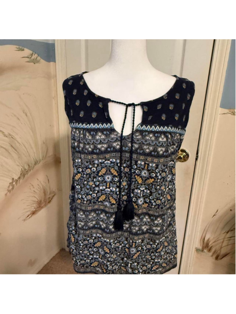 Lucky Brand blue & black boho top with tie back detail